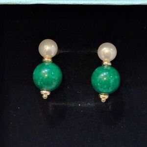 Green gemstone and White freshwater pearl earrings On Alloy And Sterling Silver